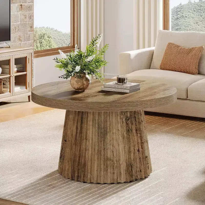 31,5 Tables basses rondes avec base cylindrique cannelée, table d'appoint de style rustique pour salon, appartement, petit espace