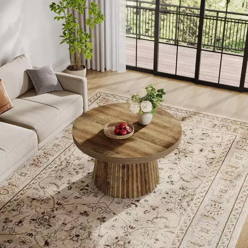 31,5 Tables basses rondes avec base cylindrique cannelée, table d'appoint de style rustique pour salon, appartement, petit espace