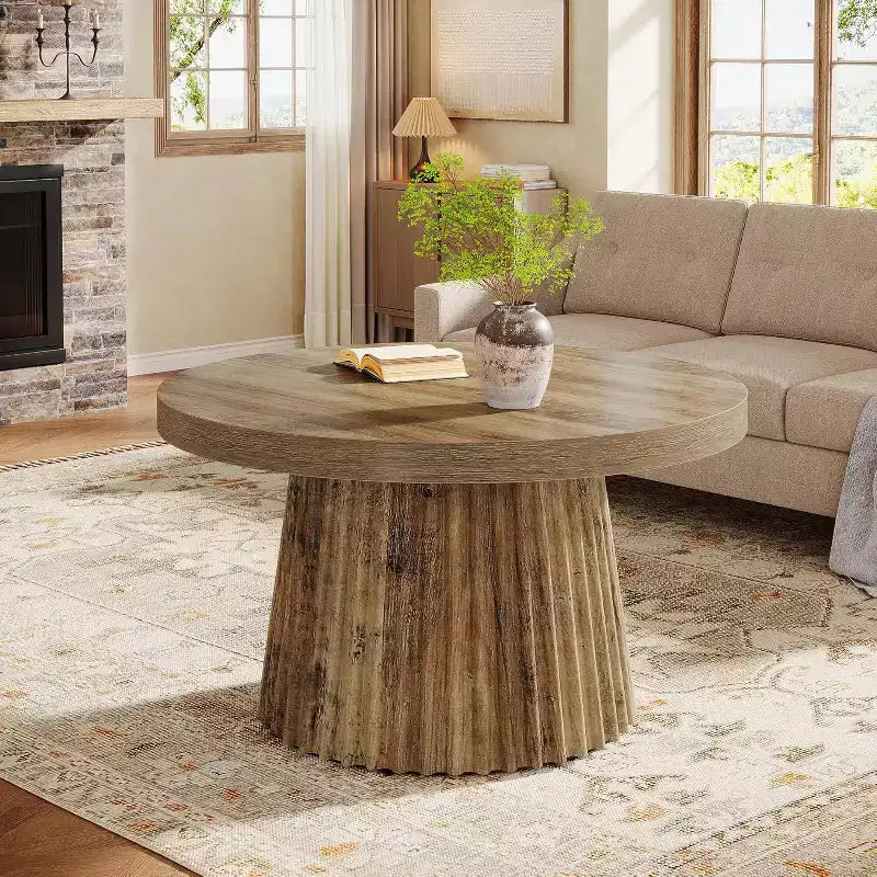 31,5 Tables basses rondes avec base cylindrique cannelée, table d'appoint de style rustique pour salon, appartement, petit espace