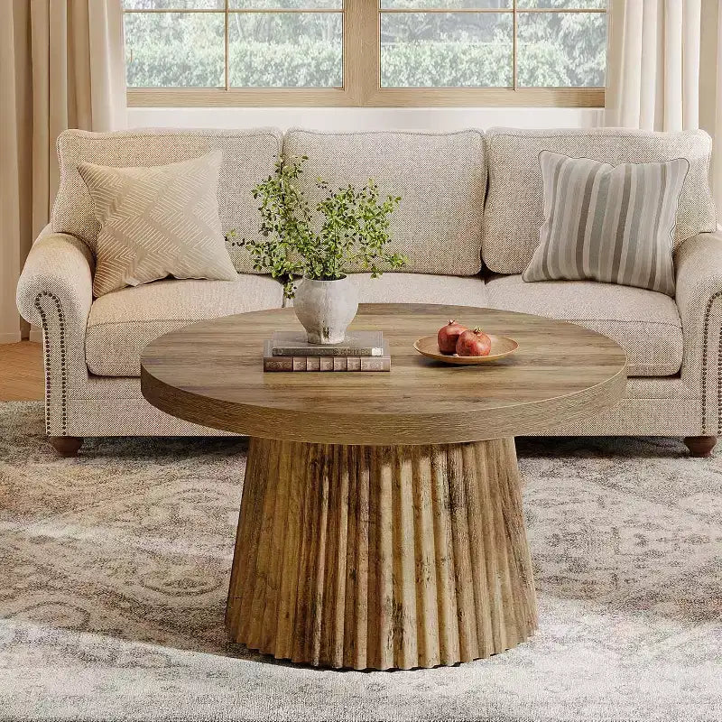 Lantine 31.5 Small Round Coffee Tables with Fluted Drum Base, Farmhouse Accent Center Table for Living Room, Apartment, Small Space