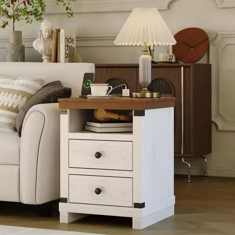Table de chevet de ferme, grande table de chevet rustique moderne avec 2 tiroirs et une étagère ouverte pour chambre à coucher et petits espaces