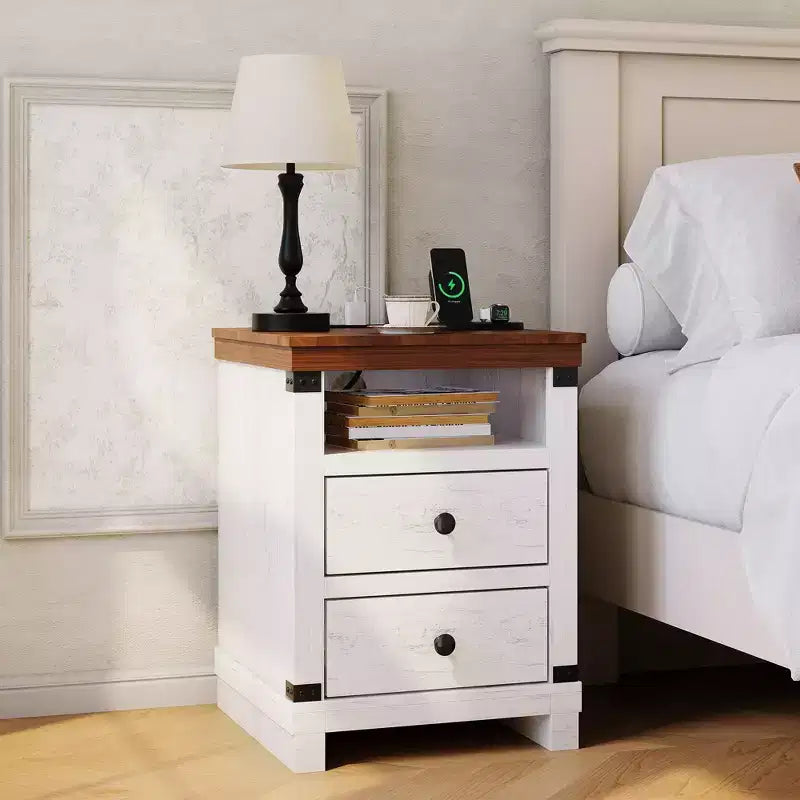 Table de chevet de ferme, grande table de chevet rustique moderne avec 2 tiroirs et une étagère ouverte pour chambre à coucher et petits espaces