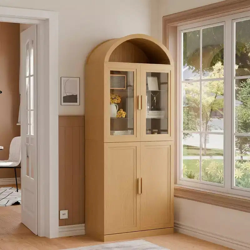 Vitrine arquée autoportante avec portes vitrées et étagères réglables Meuble de rangement en bois pour salon, bureau à domicile, salle à manger