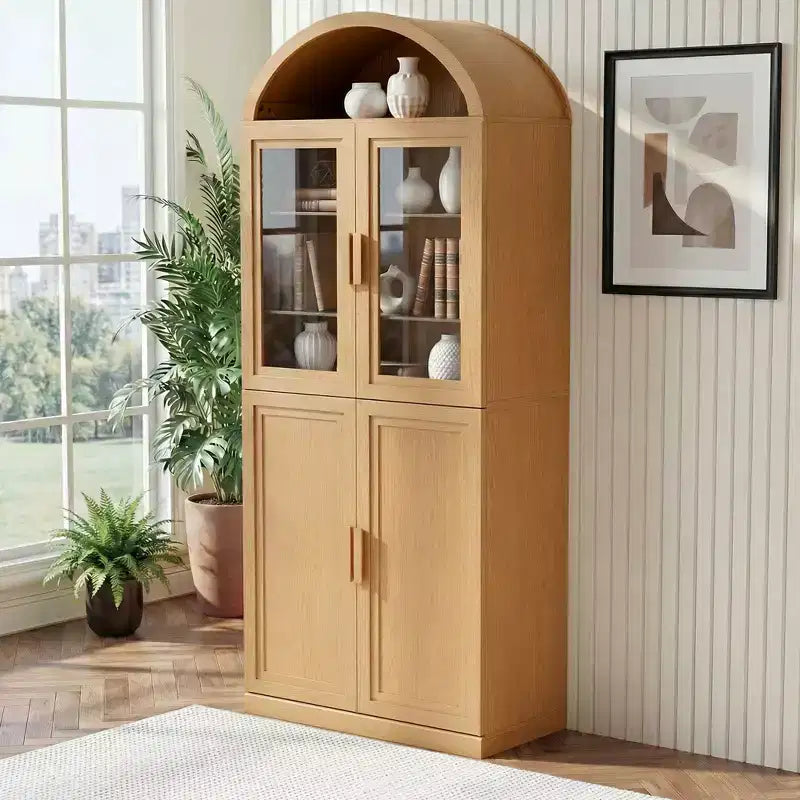 Vitrine arquée autoportante avec portes vitrées et étagères réglables Meuble de rangement en bois pour salon, bureau à domicile, salle à manger