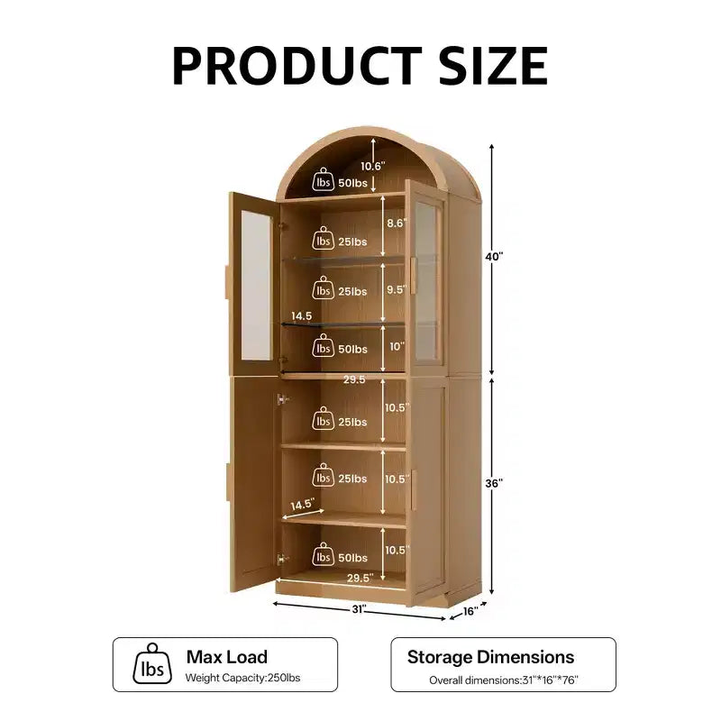 Vitrine arquée autoportante avec portes vitrées et étagères réglables Meuble de rangement en bois pour salon, bureau à domicile, salle à manger