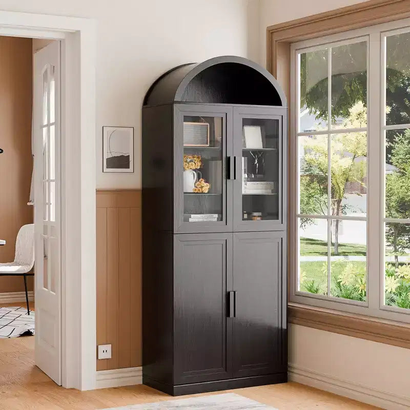 Vitrine arquée autoportante avec portes vitrées et étagères réglables Meuble de rangement en bois pour salon, bureau à domicile, salle à manger