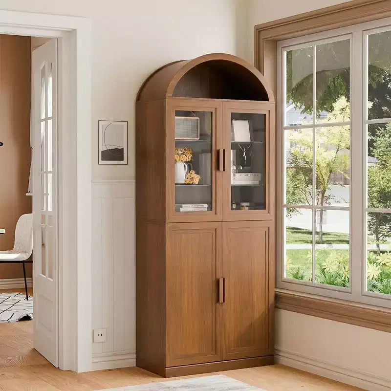 Vitrine arquée autoportante avec portes vitrées et étagères réglables Meuble de rangement en bois pour salon, bureau à domicile, salle à manger