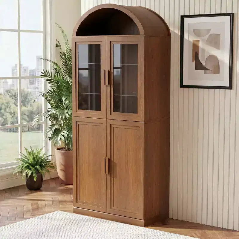 Vitrine arquée autoportante avec portes vitrées et étagères réglables Meuble de rangement en bois pour salon, bureau à domicile, salle à manger