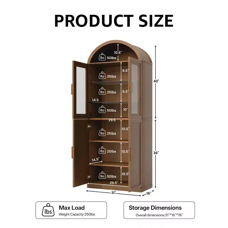 Vitrine arquée autoportante avec portes vitrées et étagères réglables Meuble de rangement en bois pour salon, bureau à domicile, salle à manger