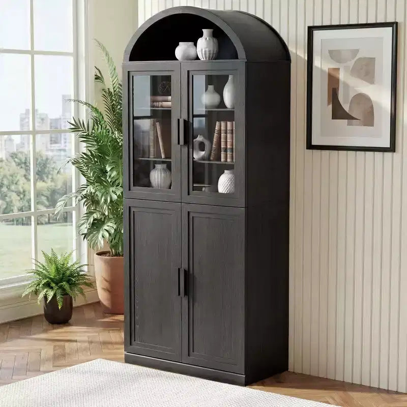 Vitrine arquée autoportante avec portes vitrées et étagères réglables Meuble de rangement en bois pour salon, bureau à domicile, salle à manger