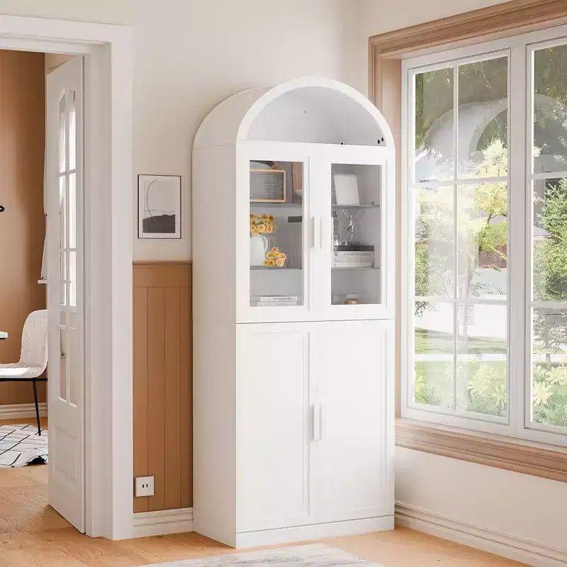 Vitrine arquée autoportante avec portes vitrées et étagères réglables Meuble de rangement en bois pour salon, bureau à domicile, salle à manger