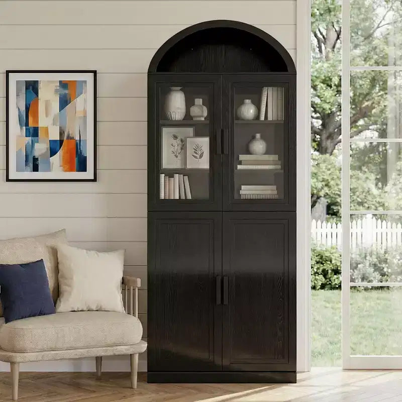Arched Display Cabinet Freestanding with Glass Doors & Adjustable Shelves Wood Storage Curio Cabinet for Living Room Home Office Dining Room