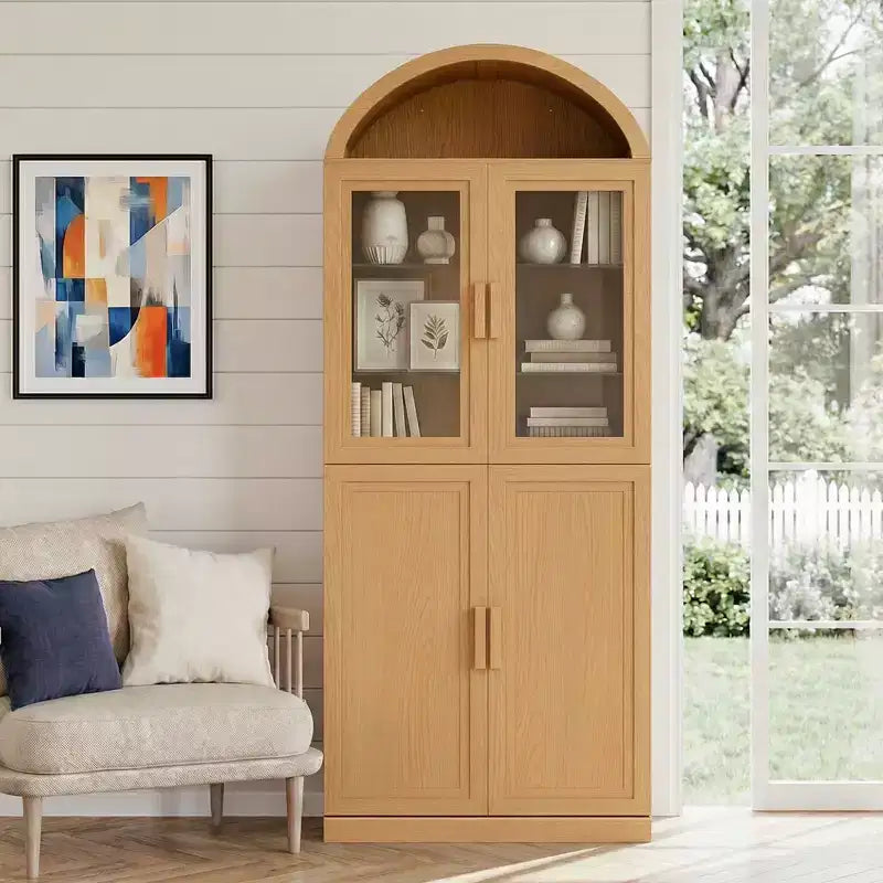 Vitrine arquée autoportante avec portes vitrées et étagères réglables Meuble de rangement en bois pour salon, bureau à domicile, salle à manger