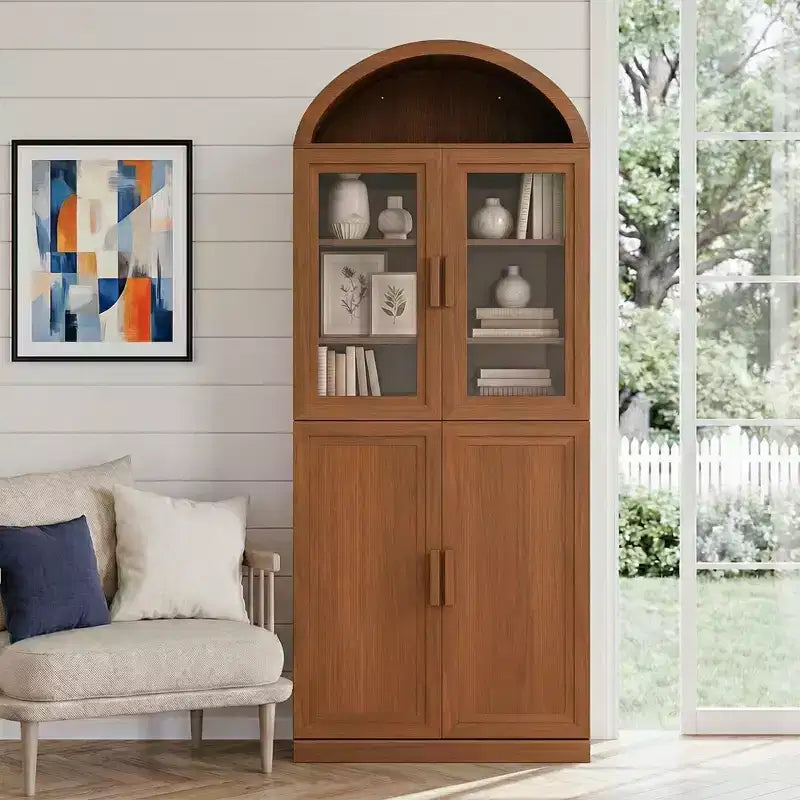 Vitrine arquée autoportante avec portes vitrées et étagères réglables Meuble de rangement en bois pour salon, bureau à domicile, salle à manger