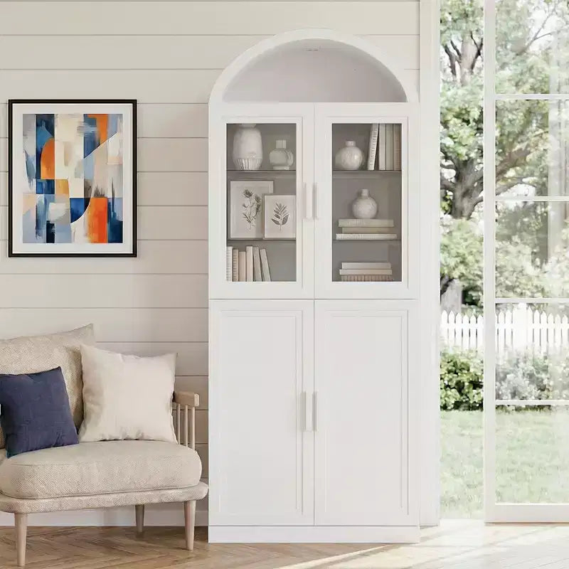 Vitrine arquée autoportante avec portes vitrées et étagères réglables Meuble de rangement en bois pour salon, bureau à domicile, salle à manger