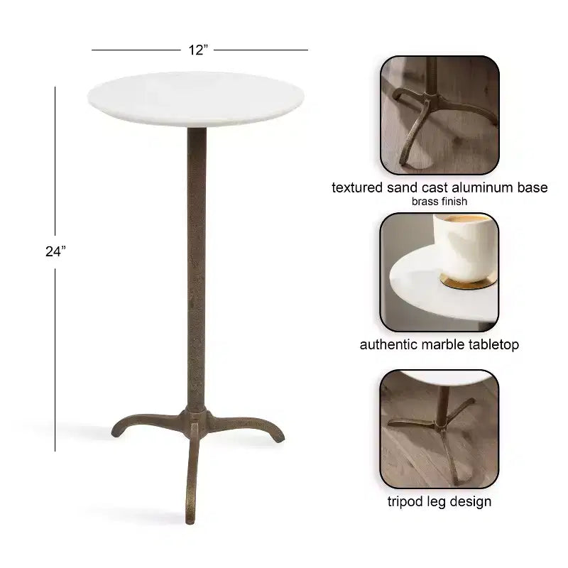Table d'appoint ronde en marbre et métal, blanc et bronze, 12x12x24