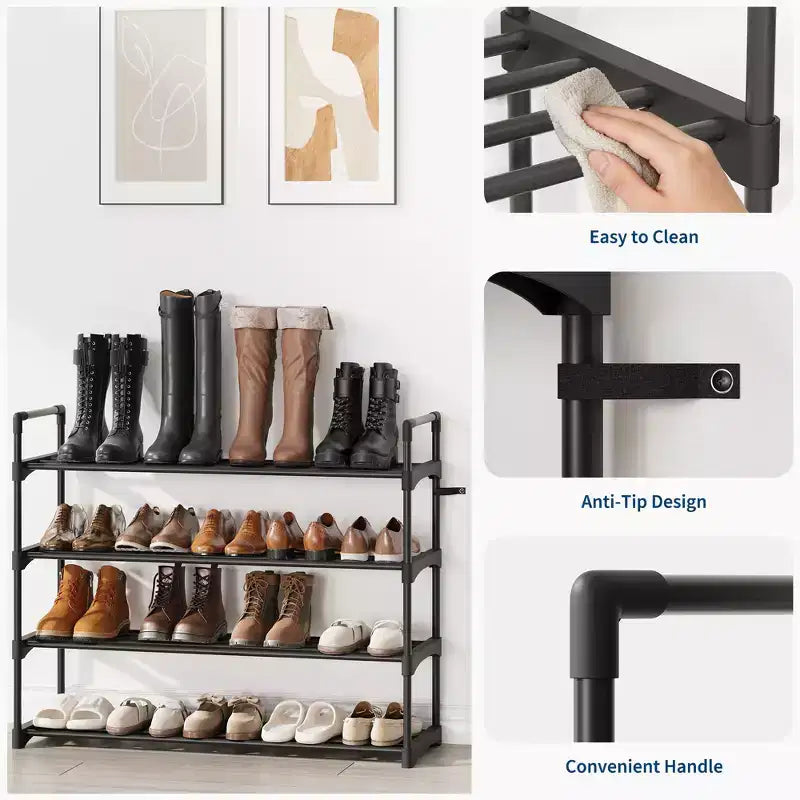 Étagère à chaussures en métal à 4 niveaux avec étagères réglables, organisateur de rangement de chaussures imperméable et antirouille pour placard et entrée, noir