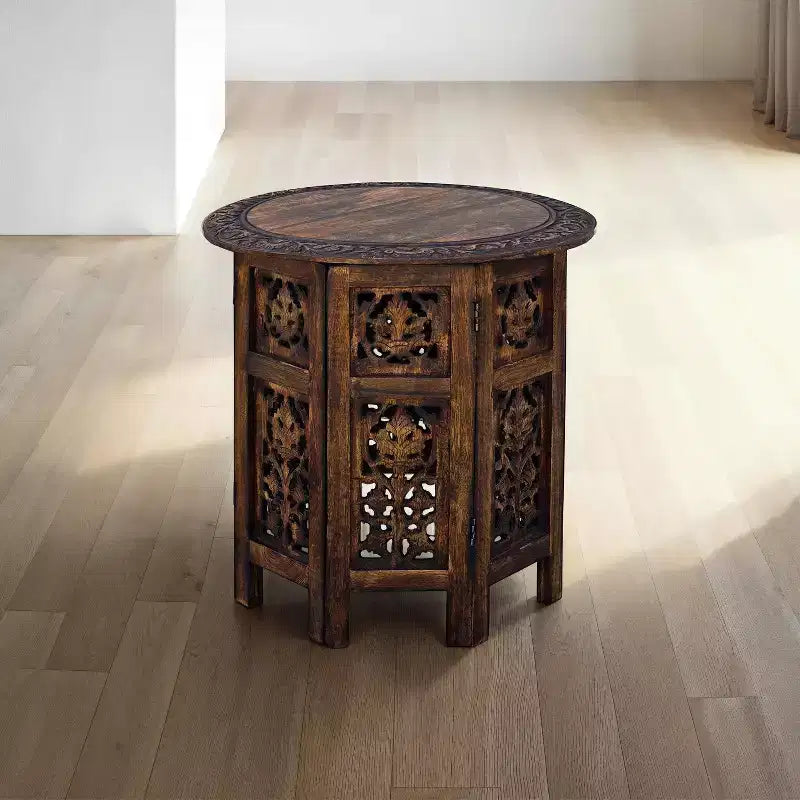 Table basse d'appoint pliante sculptée à la main en bois Chocolat Noir - The Urban Port