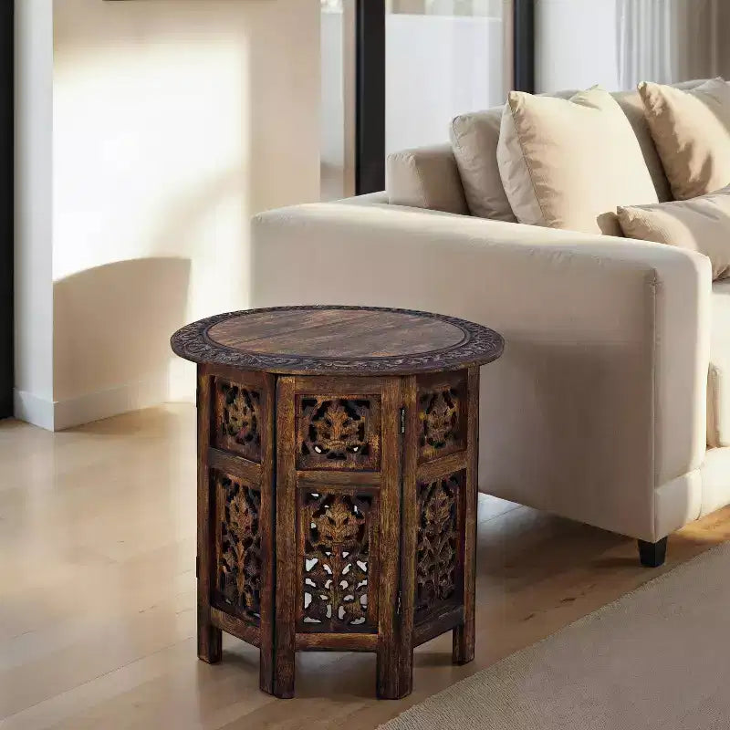 Table basse d'appoint pliante sculptée à la main en bois Chocolat Noir - The Urban Port