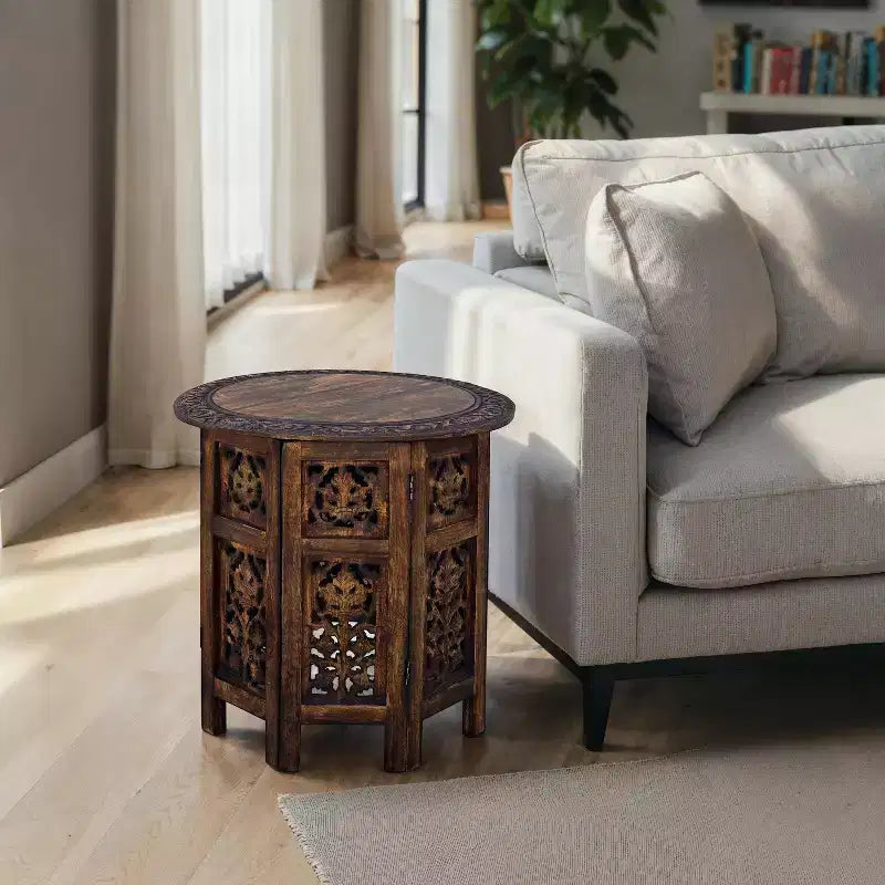 Table basse d'appoint pliante sculptée à la main en bois Chocolat Noir - The Urban Port