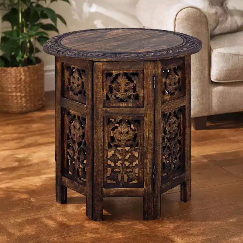 Table basse d'appoint pliante sculptée à la main en bois Chocolat Noir - The Urban Port