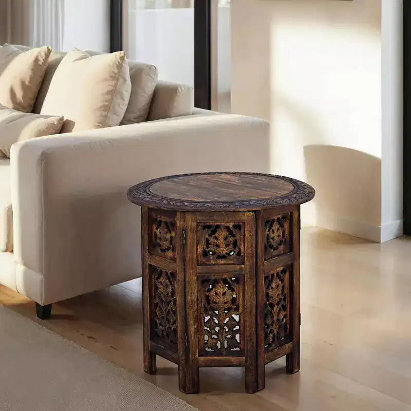 Table basse d'appoint pliante sculptée à la main en bois Chocolat Noir - The Urban Port