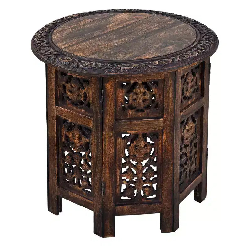 Table basse d'appoint pliante sculptée à la main en bois Chocolat Noir - The Urban Port