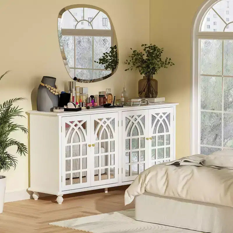 Famapy White Apsolon 63'' Wide Sideboard with Modern Design Accent Buffet Cabinet Mirror Doors Organizers