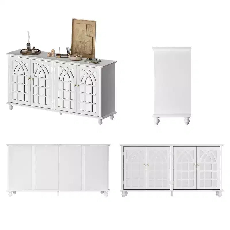 Bahut blanc de 160 cm de large avec accents de design moderne, buffet avec portes miroir et organisateurs