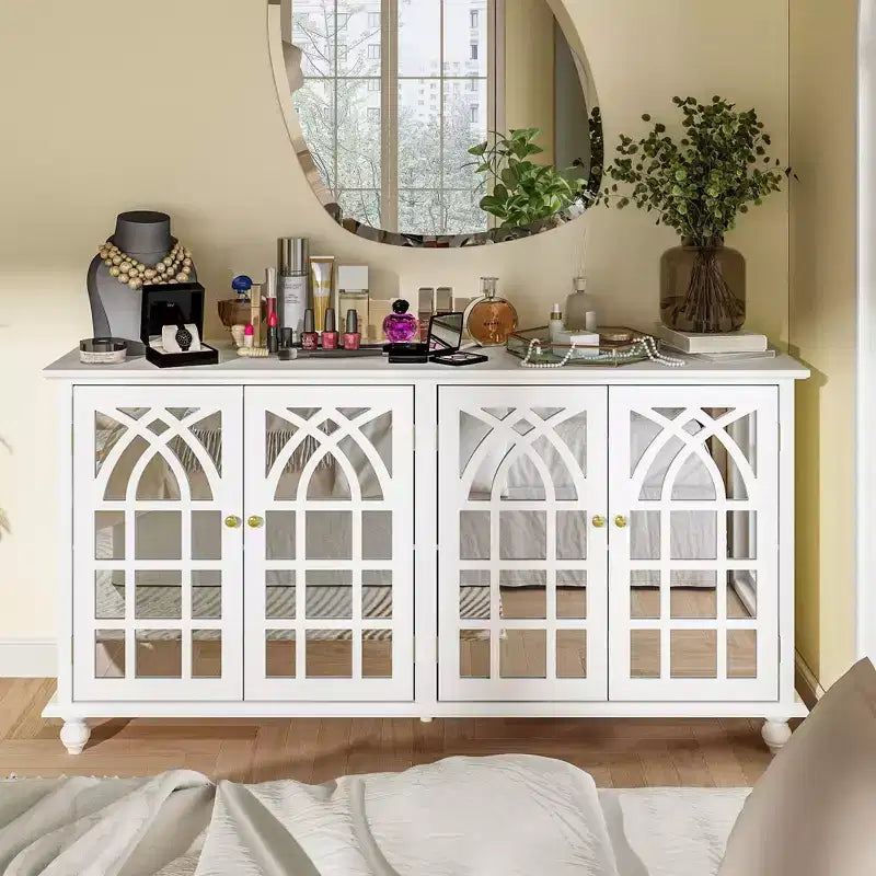 Bahut blanc de 160 cm de large avec accents de design moderne, buffet avec portes miroir et organisateurs