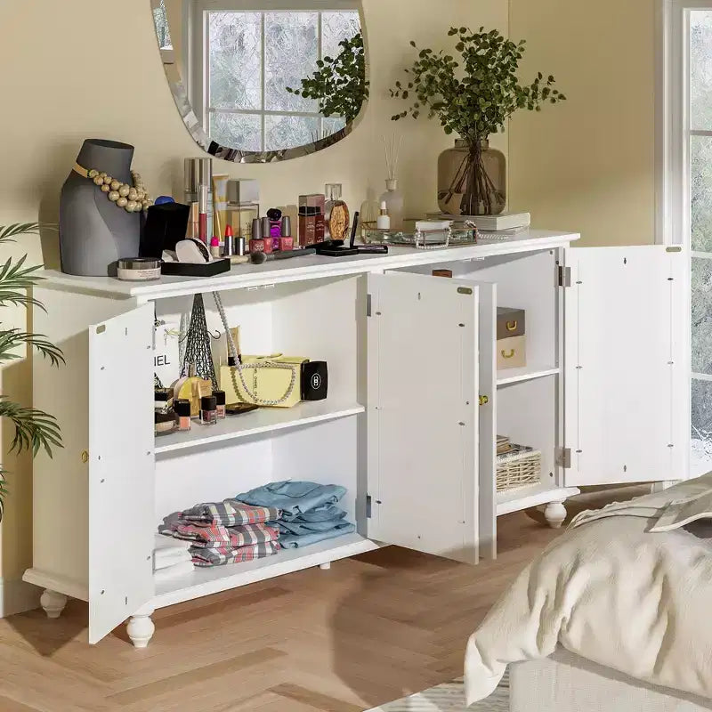 Bahut blanc de 160 cm de large avec accents de design moderne, buffet avec portes miroir et organisateurs