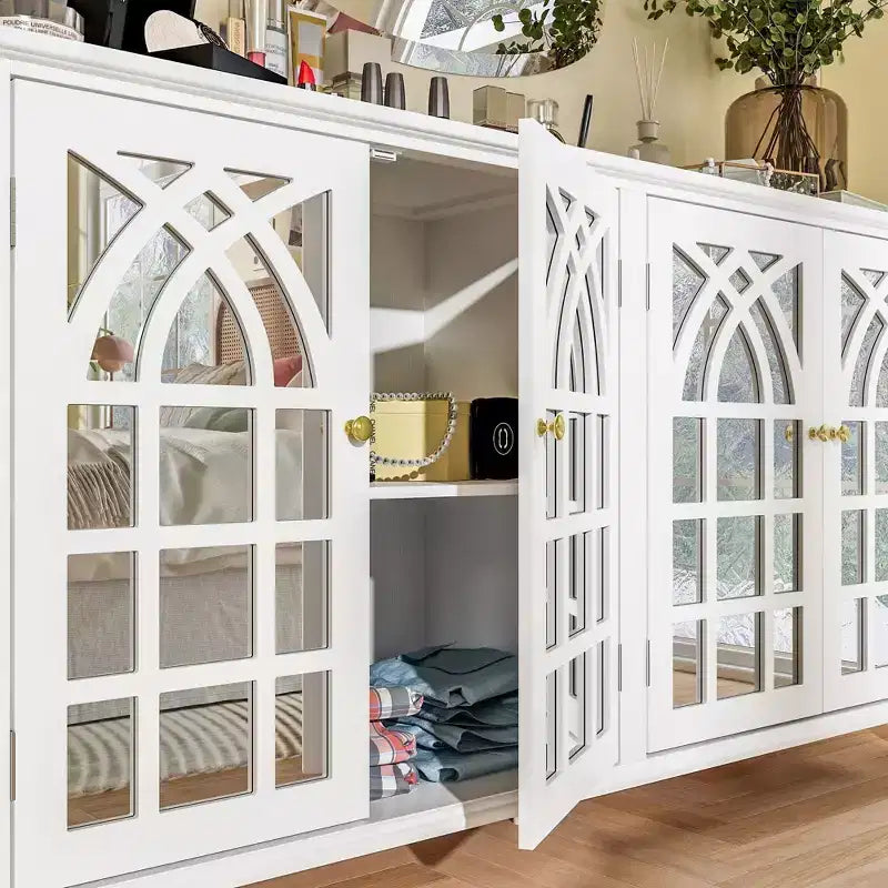 Bahut blanc de 160 cm de large avec accents de design moderne, buffet avec portes miroir et organisateurs