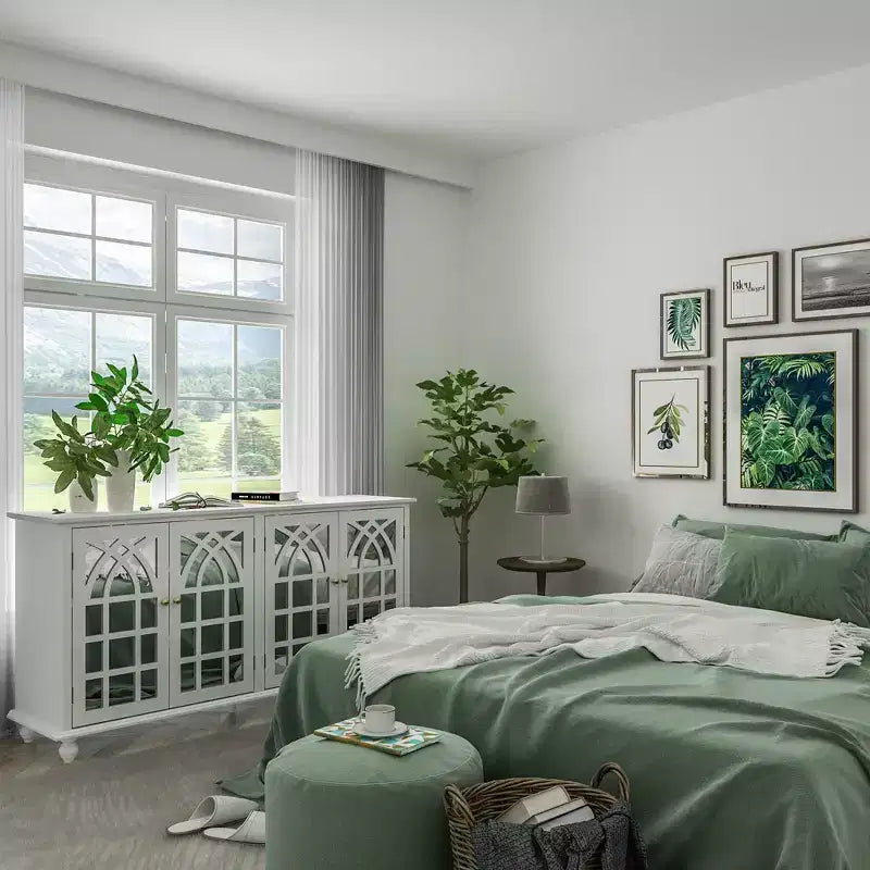 Bahut blanc de 160 cm de large avec accents de design moderne, buffet avec portes miroir et organisateurs