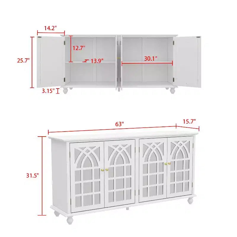 Bahut blanc de 160 cm de large avec accents de design moderne, buffet avec portes miroir et organisateurs