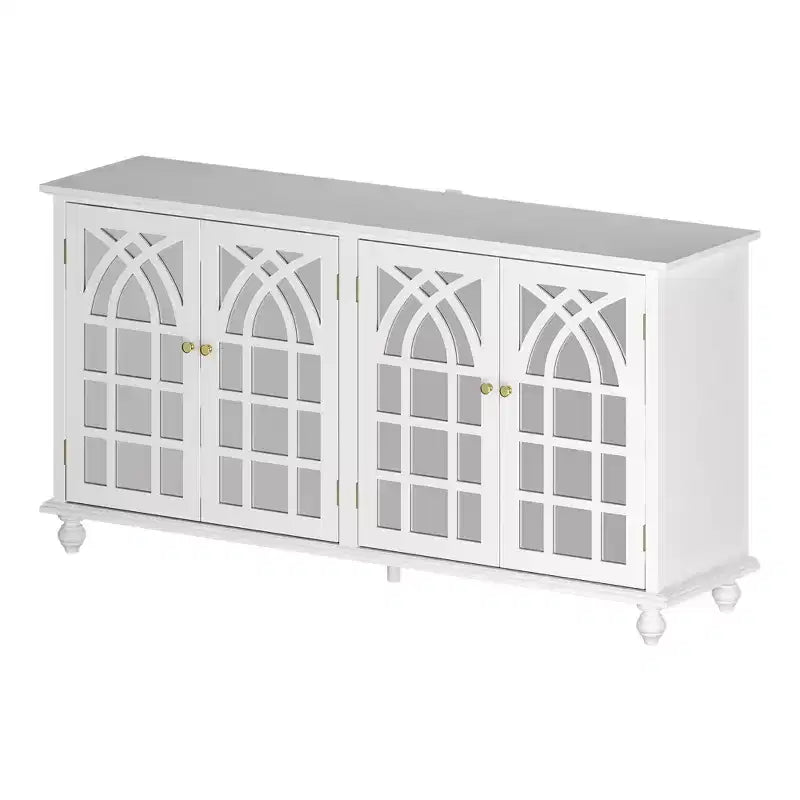 Bahut blanc de 160 cm de large avec accents de design moderne, buffet avec portes miroir et organisateurs