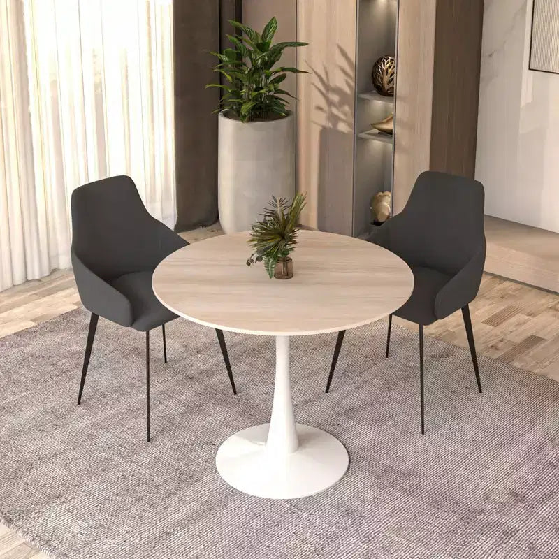 Table à manger ronde de 35" avec plateau en pierre frittée et piétement central en acier blanc pour cuisine et petits espaces