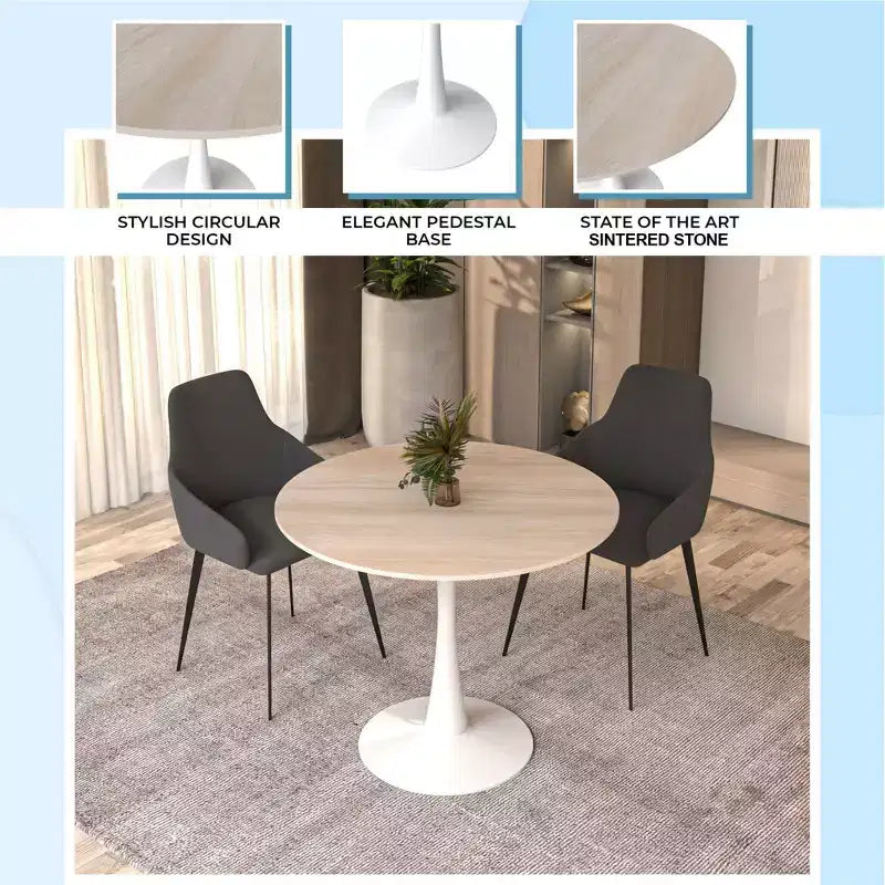 Table à manger ronde de 35" avec plateau en pierre frittée et piétement central en acier blanc pour cuisine et petits espaces