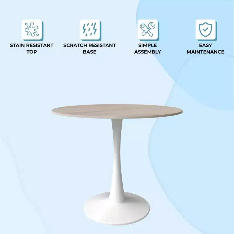 Table à manger ronde de 35" avec plateau en pierre frittée et piétement central en acier blanc pour cuisine et petits espaces
