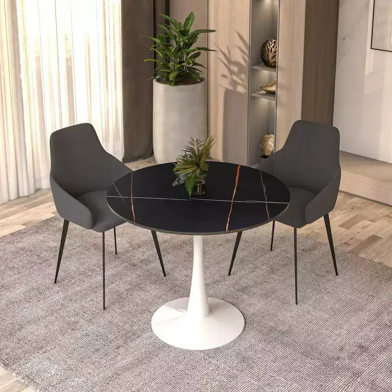 Table à manger ronde de 35" avec plateau en pierre frittée et piétement central en acier blanc pour cuisine et petits espaces