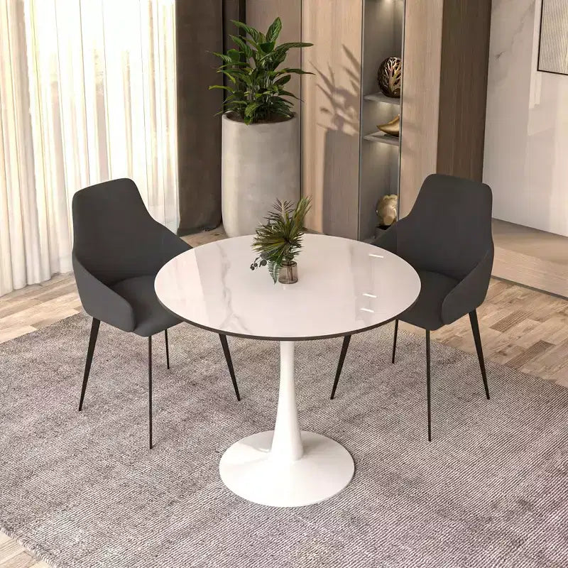 Table à manger ronde de 35" avec plateau en pierre frittée et piétement central en acier blanc pour cuisine et petits espaces