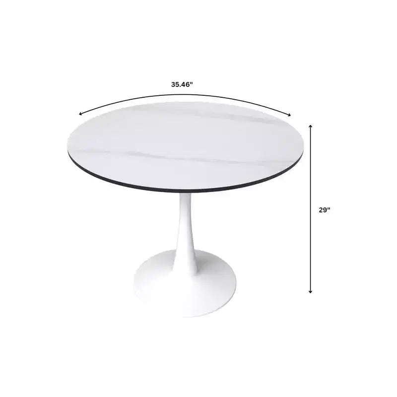 Table à manger ronde de 35" avec plateau en pierre frittée et piétement central en acier blanc pour cuisine et petits espaces