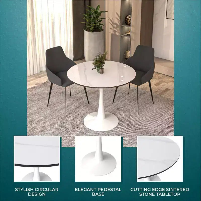 Table à manger ronde de 35" avec plateau en pierre frittée et piétement central en acier blanc pour cuisine et petits espaces