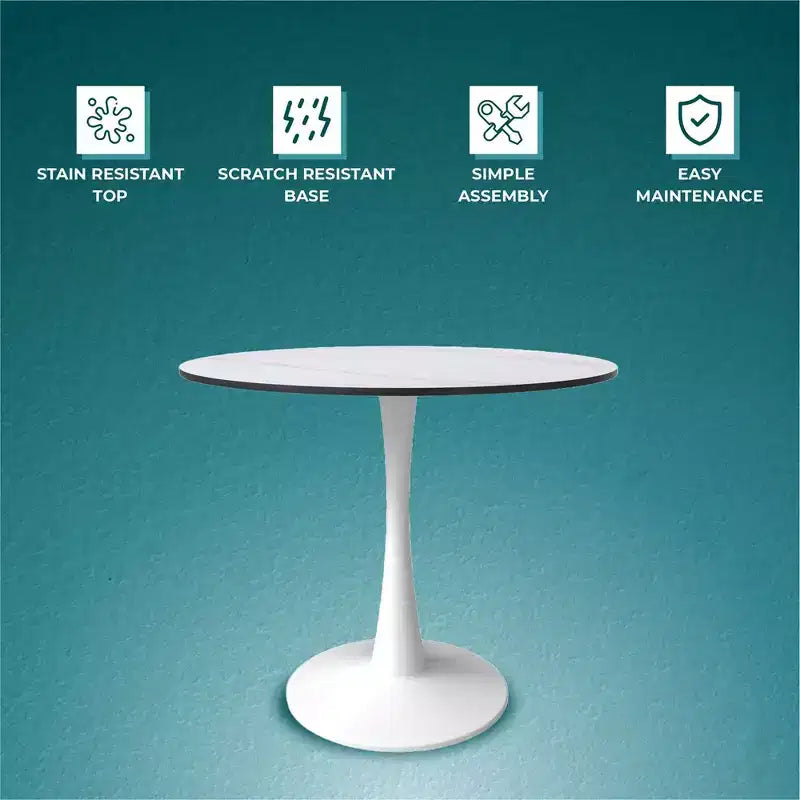 Table à manger ronde de 35" avec plateau en pierre frittée et piétement central en acier blanc pour cuisine et petits espaces