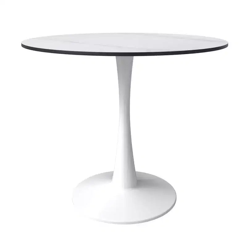 Table à manger ronde de 35" avec plateau en pierre frittée et piétement central en acier blanc pour cuisine et petits espaces