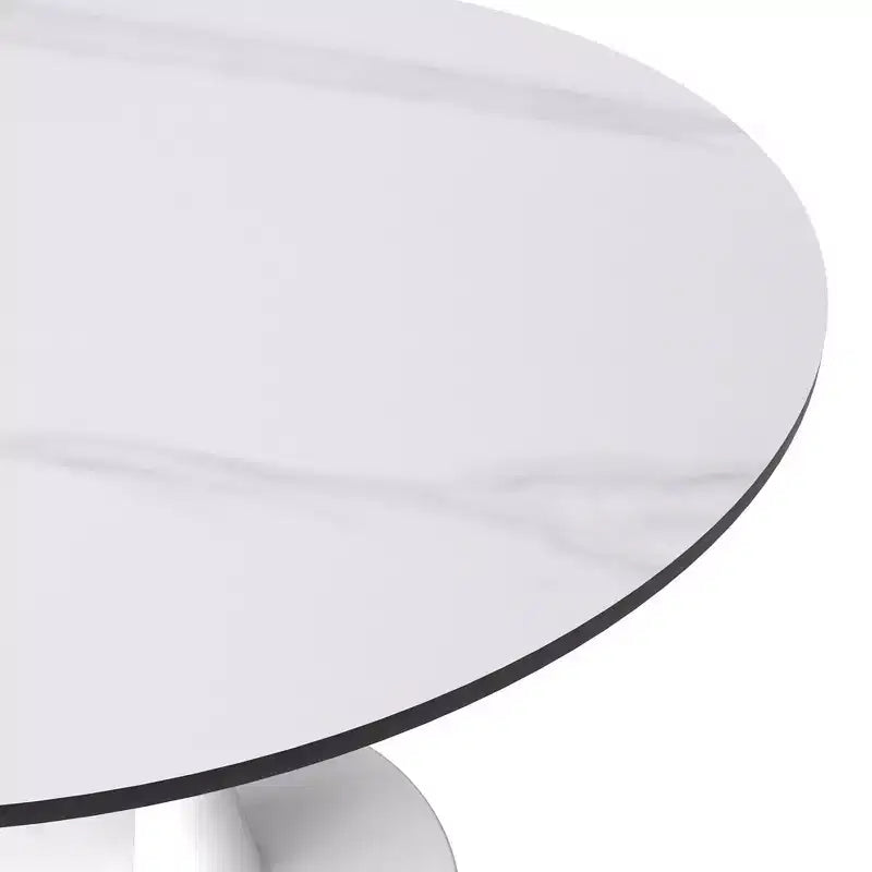 Table à manger ronde de 35" avec plateau en pierre frittée et piétement central en acier blanc pour cuisine et petits espaces