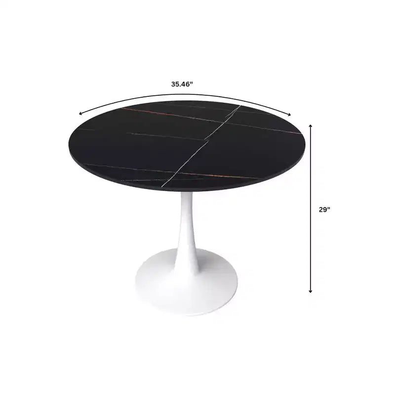 Table à manger ronde de 35" avec plateau en pierre frittée et piétement central en acier blanc pour cuisine et petits espaces