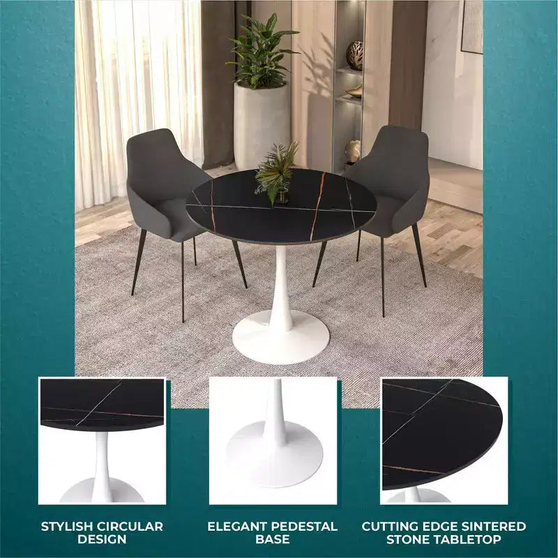 Table à manger ronde de 35" avec plateau en pierre frittée et piétement central en acier blanc pour cuisine et petits espaces
