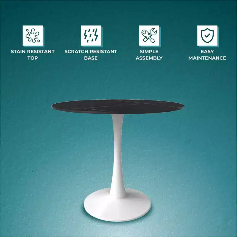 Table à manger ronde de 35" avec plateau en pierre frittée et piétement central en acier blanc pour cuisine et petits espaces