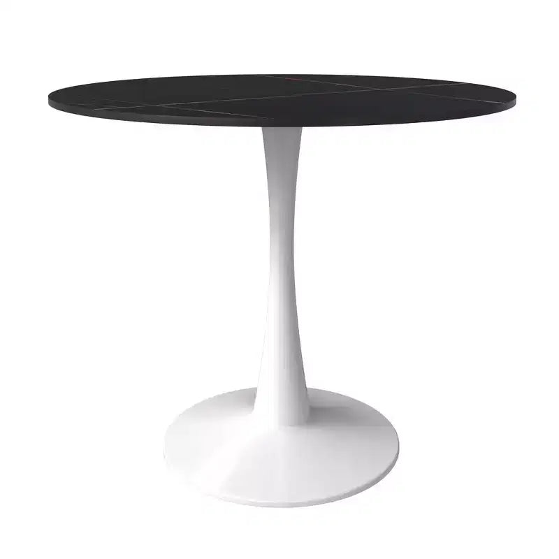 Table à manger ronde de 35" avec plateau en pierre frittée et piétement central en acier blanc pour cuisine et petits espaces