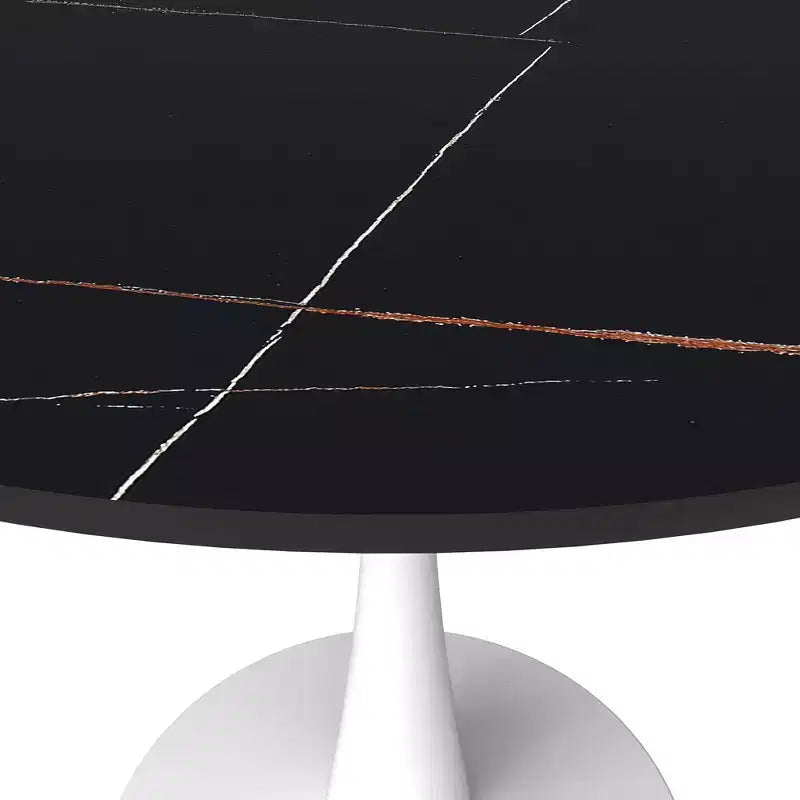 Table à manger ronde de 35" avec plateau en pierre frittée et piétement central en acier blanc pour cuisine et petits espaces